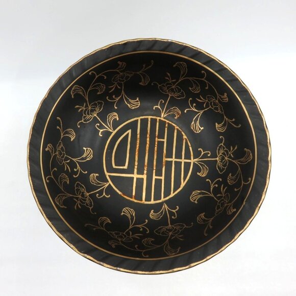 PEDESTAL Bowl Black and Gold With Oriental Figure Vintage JAPANESE Hand Painted - Picture 4 of 10